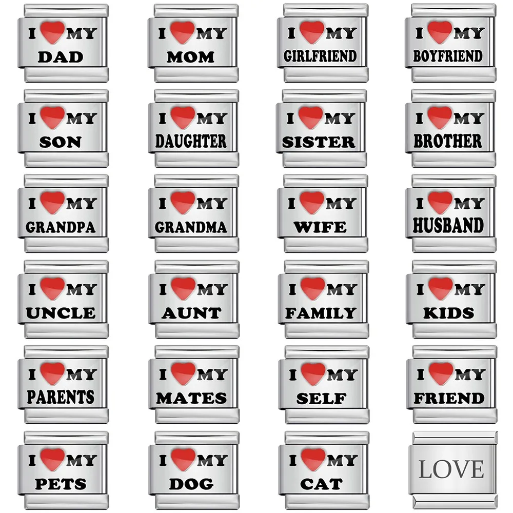 Ich Liebe Meine Familie Lasergravur Italienischer Charm Passend für 9mm Edelstahl DIY Armband Schmuck Damen Herren Geschenk Trendige Accessoires