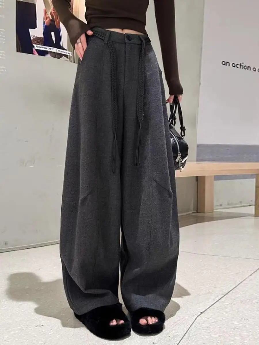 Cintura alta perna larga terno calças femininas casual corte reto solto calças de lã design assimétrico calças de ajuste confortável