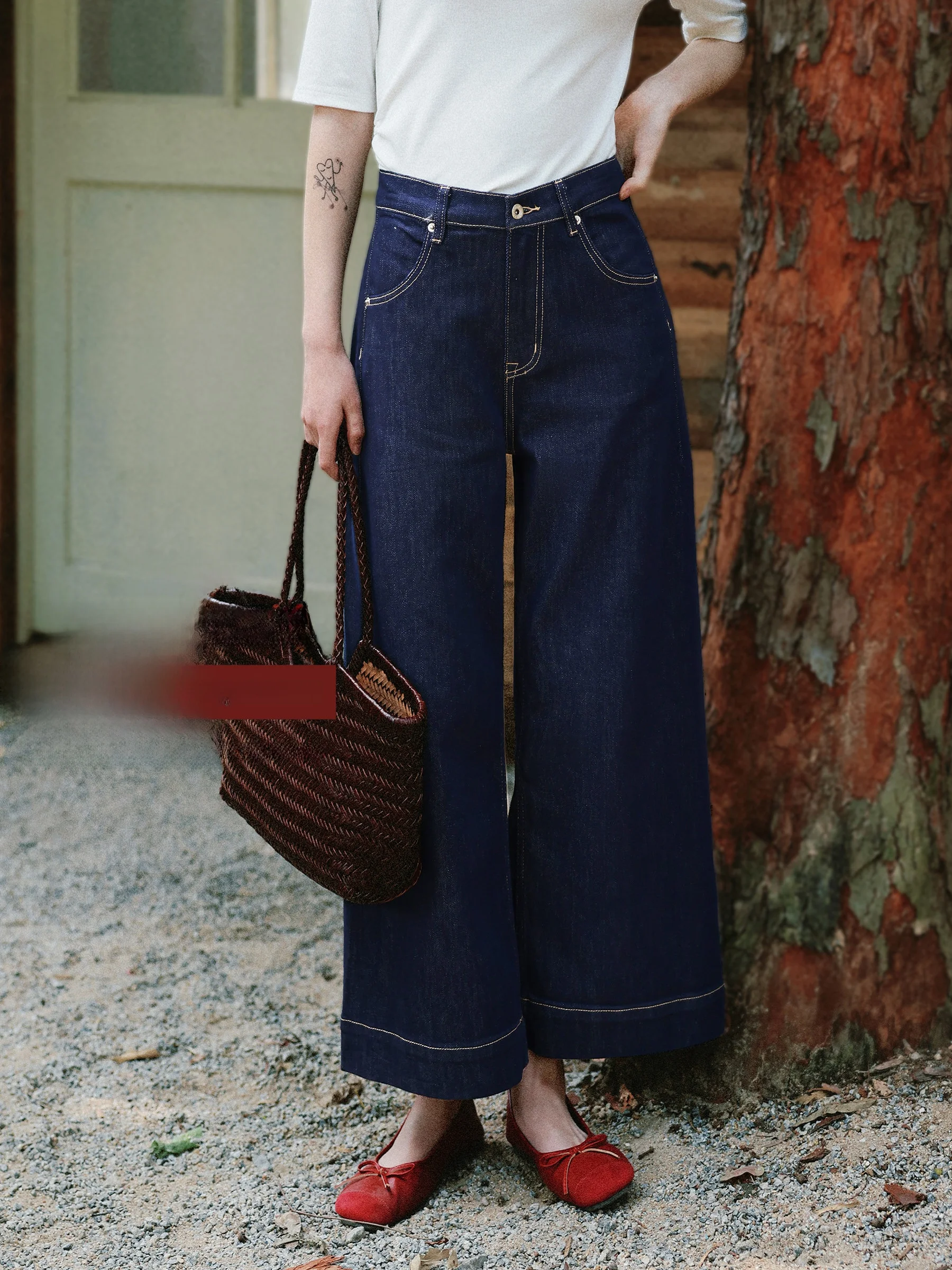 High Waist Wide Leg Denim Jeans Deep Blue MUNNS RUIXI Original Wood Texture Loose Design Slimming Pants Women's Fashion