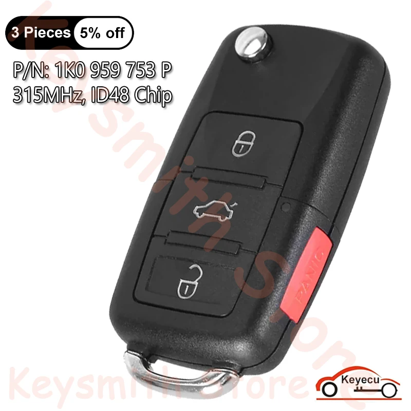 KEYECU 3+1 4 Buttons 315MHz ID48 Chip for Volkswagen Rabbit Jetta CC Golf Eos GTI R32 Flip Remote Key Fob 1K0959753P NBG92596263