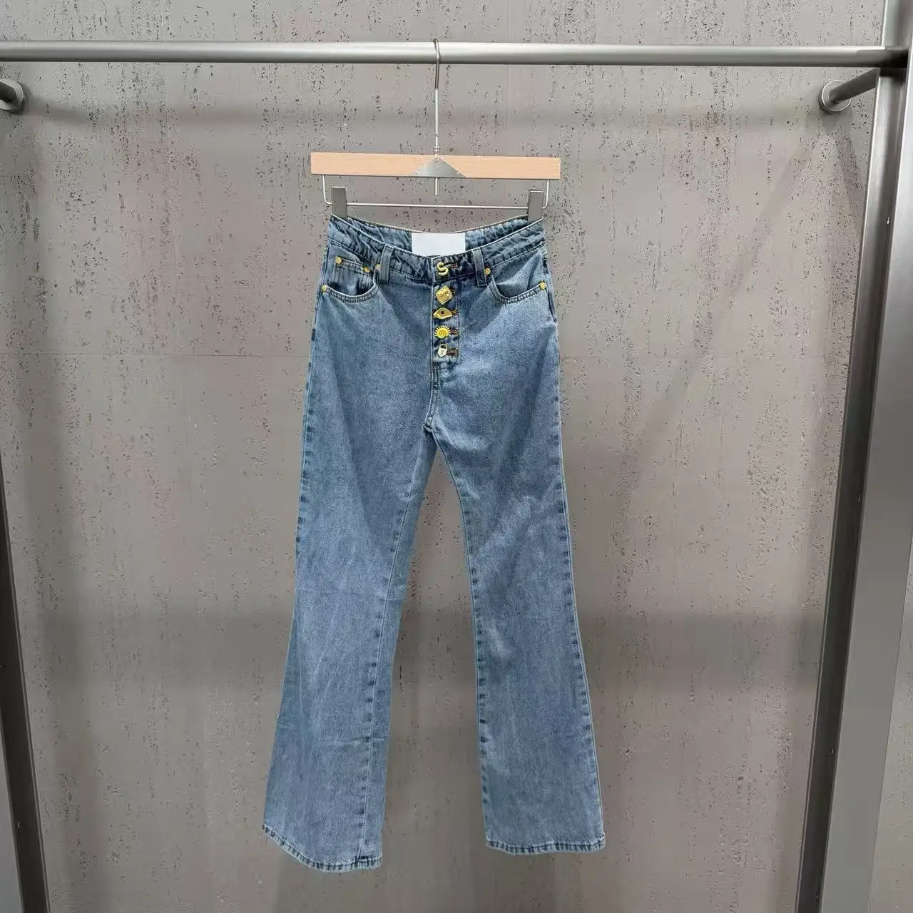 High Street Jean Pants Women's High Waisted Heavy Industry Buckle Decoration Micro Flared Jeans Show Leg Length Slim Fit Pants