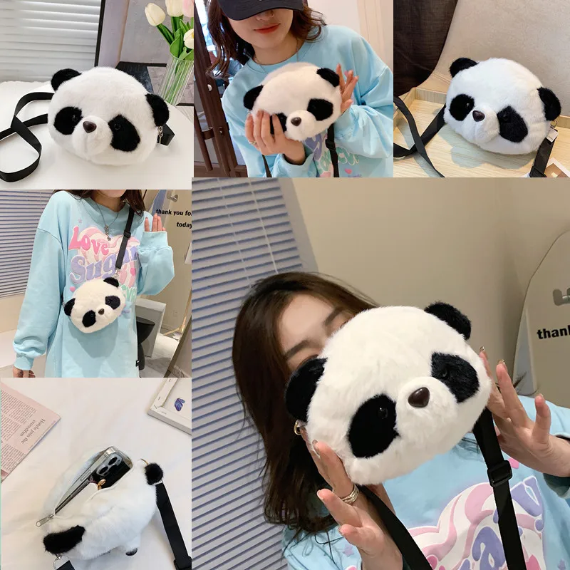 Tas Selempang Panda Mewah Hewan Kartun Lucu Wanita Tas Kurir Berbulu Musim Dingin Wanita Dompet Ponsel Dompet Travel Wanita