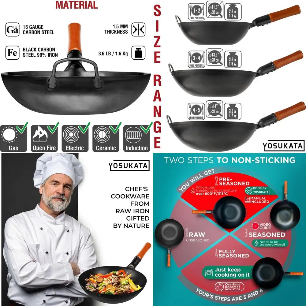 

13,5-дюймовая сковорода-вок из углеродистой стали – предварительно обработанная, с неровным дном, для жарки, смешивания, барбекю, гриля и кемпинга – традиционная японская и китайская кухня