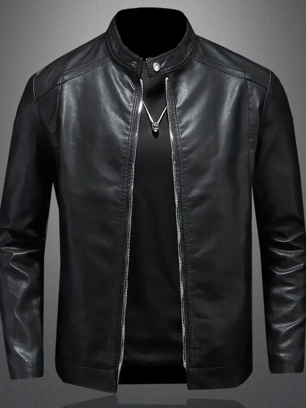 

Мужская модная кожаная куртка в мотоциклетном стиле на молнии, осенне-зимняя, приталенная, с флисовой подкладкой, черная, с воротником-стойкой, в стиле панк
