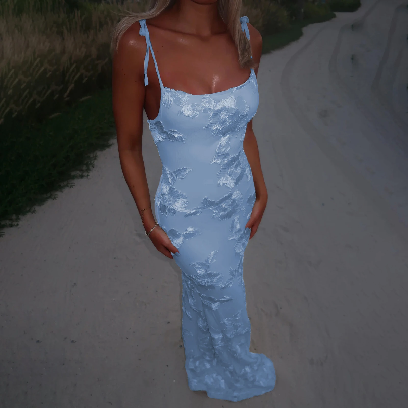 Combhasaki Abito estivo da donna con spalline sottili legate Abito lungo a canotta senza maniche Taglio basso con ricamo floreale Abito estivo a sirena