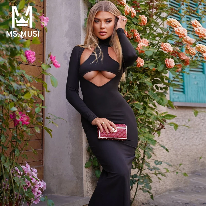 

MSMUSI 2023 New Fashion Women Sexy Halter Hollow Out Long Sleeve Backless Bodycon Party Club Event Slit Maxi Dress Long Gown