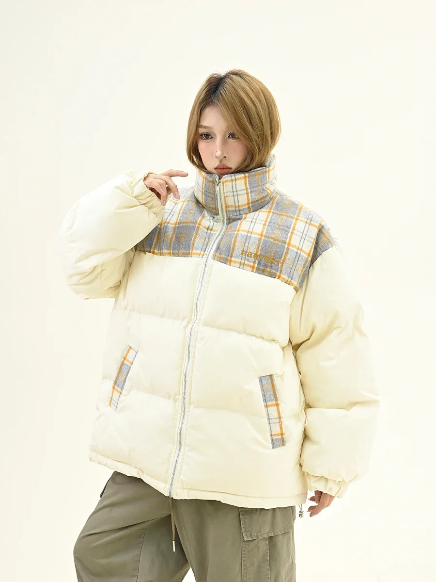 Women's Plaid Splicing Stand-up Collar Parkas, Loose Bf American College Style, Thickened Coats, Winter, New, 2024