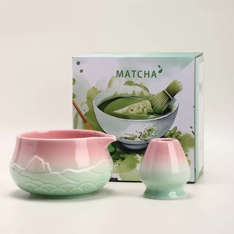 Ceramic Matcha Bowl and Stand Set Cute Pink Cream White Yellow Beige Chawan with Spout for Tea Ceremony Home Decor
