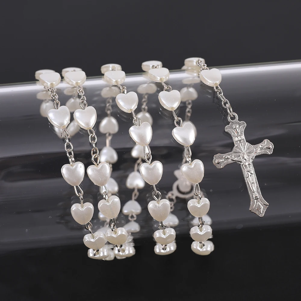 Religiöse Rosenkranz-Halsketten für Damen, rosa, weiße Herzperlen, Kette, Anhänger mit der Jungfrau Maria und Kreuz, Herren-Gebets- und Party-Schmuck, Geschenk – Detail 2
