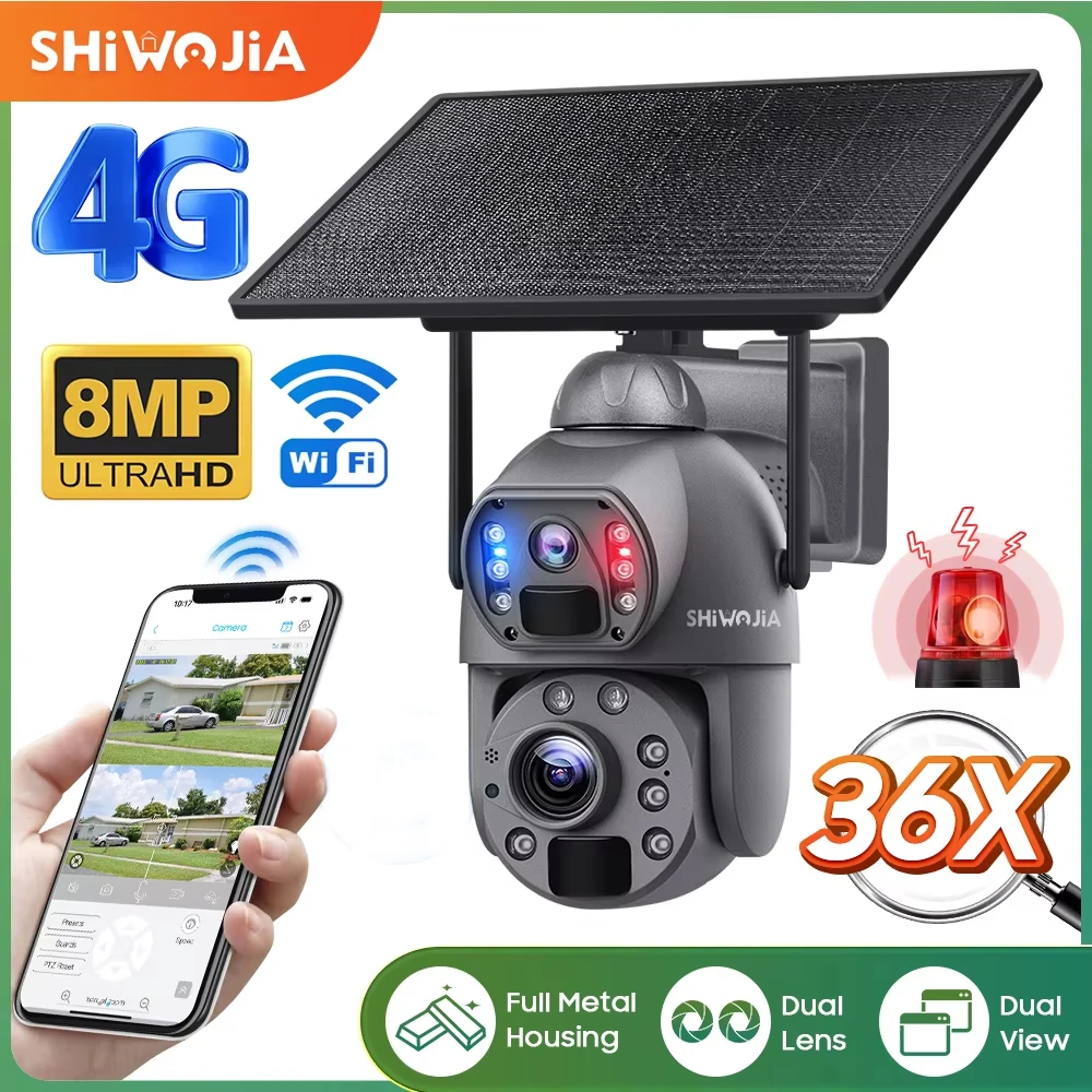 SHIWOJIA 36X ZOOM 8MP 4G SIM Solar Camera Outdoor 360° Wireless WIFI Battery Security Cameras with Solar Panel PIR Night Vision