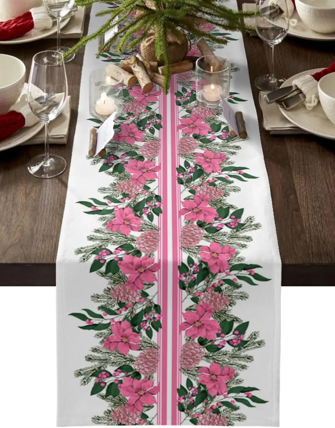 Christmas Pink Pine Cones Botanical Linen Table Runners Dresser Scarf Holiday Home Party Decor Kitchen Dining Table Decorations