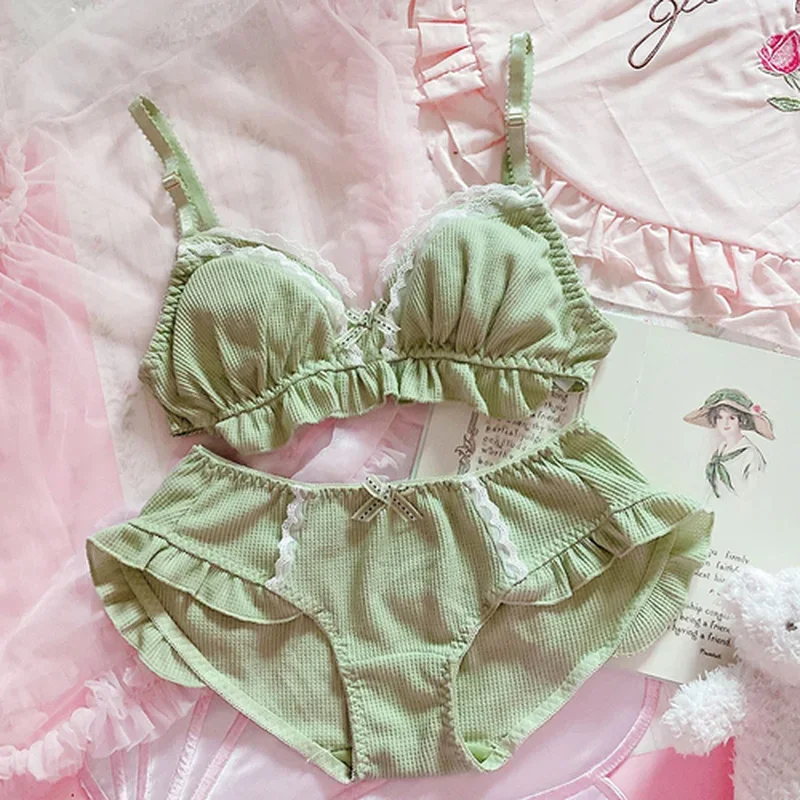 Conjunto de sutiã e calcinha Kawaii Push Up para mulheres, lingerie Kawaii, sutiãs doces Lolita Girl, desenho animado anime, sexy