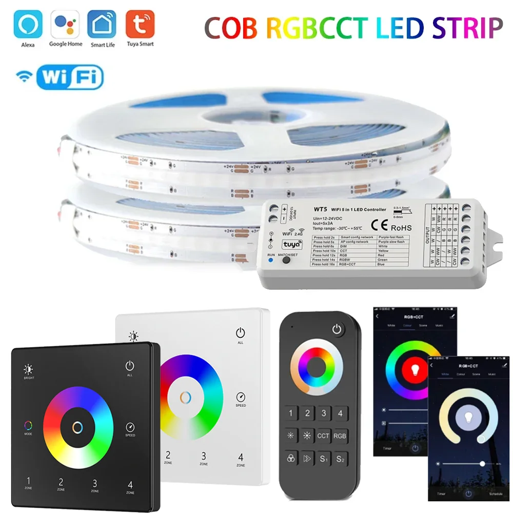 WT5 5in1 Tuya Wifi LED Controller DC24V COB RGBCCT LED Strip Light 6Pin 840leds/m 2.4G RF Remote Switch Smart for Alexa Google