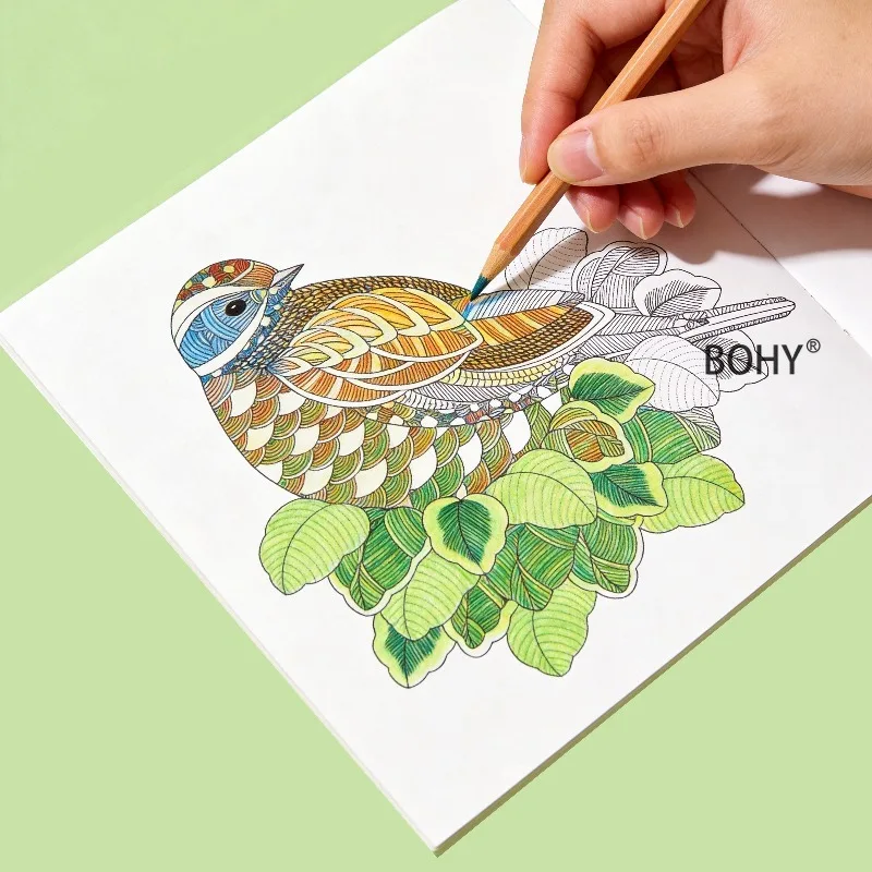 1 Adult Healing Flower, Bird, Insect, Mandala Calming Decompression Coloring Album, 24 Page Square Coloring Illustrations