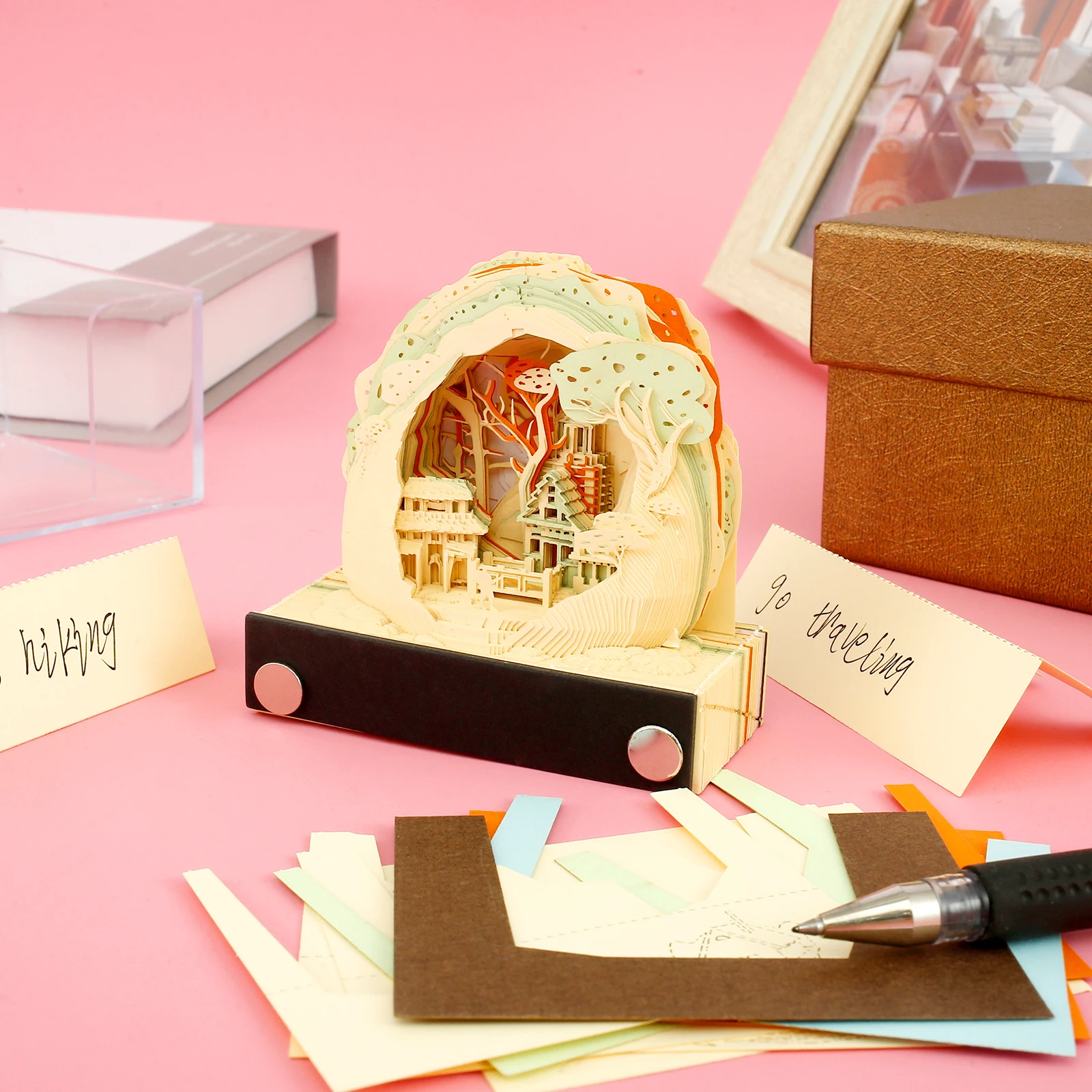 3D Memo Pad com Pen Holder, Floresta Criativa, Capa Acrílica, Rasgar-Away Arte 3D, Presente de Papel DIY