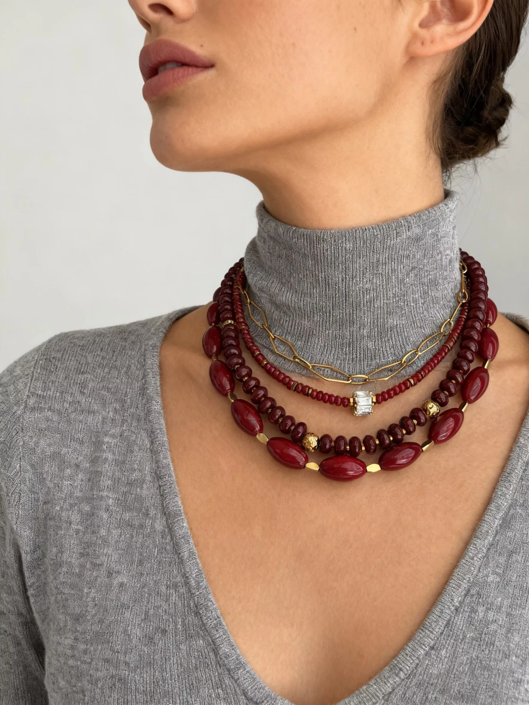 Peri'sbox Elegant Noble Jewelry Classic Wine Red Glass Bead Chain for Women Handmade DIY Multi-element Necklace Daily Party Gift