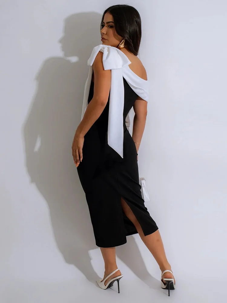 One Shoulder Strap Solid Color Split Sleeveless Long Dress Casual Women's Wear