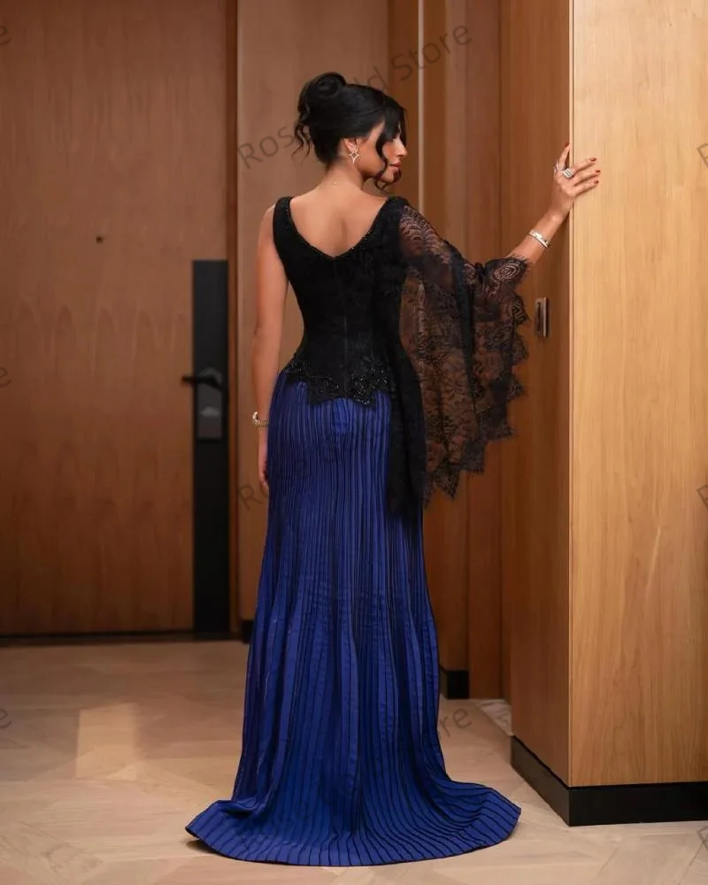 Moda sereia vestido de noite feminino azul o pescoço formal vestido de gala personalizado manga cheia babados árabe vestido de baile