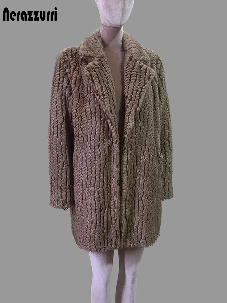 Nerazzurri Autumn Winter Elegant Thick Warm Faux Fur Blazer Coat Women with Back Slit Luxury Designer Chic Fluffy Jacket Clothes