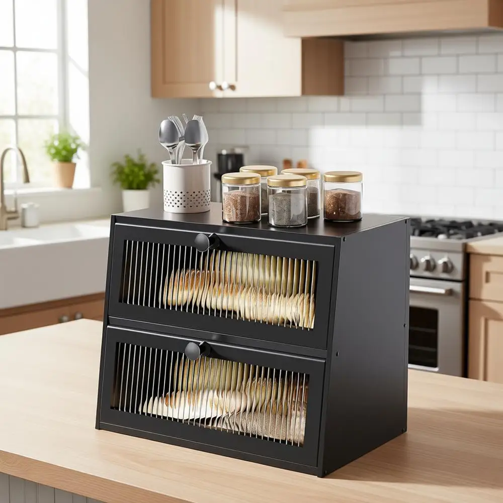 

Large 2-Tier Wooden Bread Box with Acrylic Window for Kitchen Bread Storage and Organization