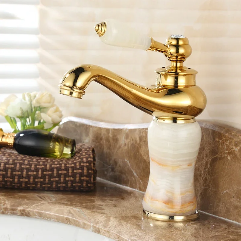 European style faucet basin cold and hot blue jade marble basin faucet all copper gold washbasin faucet