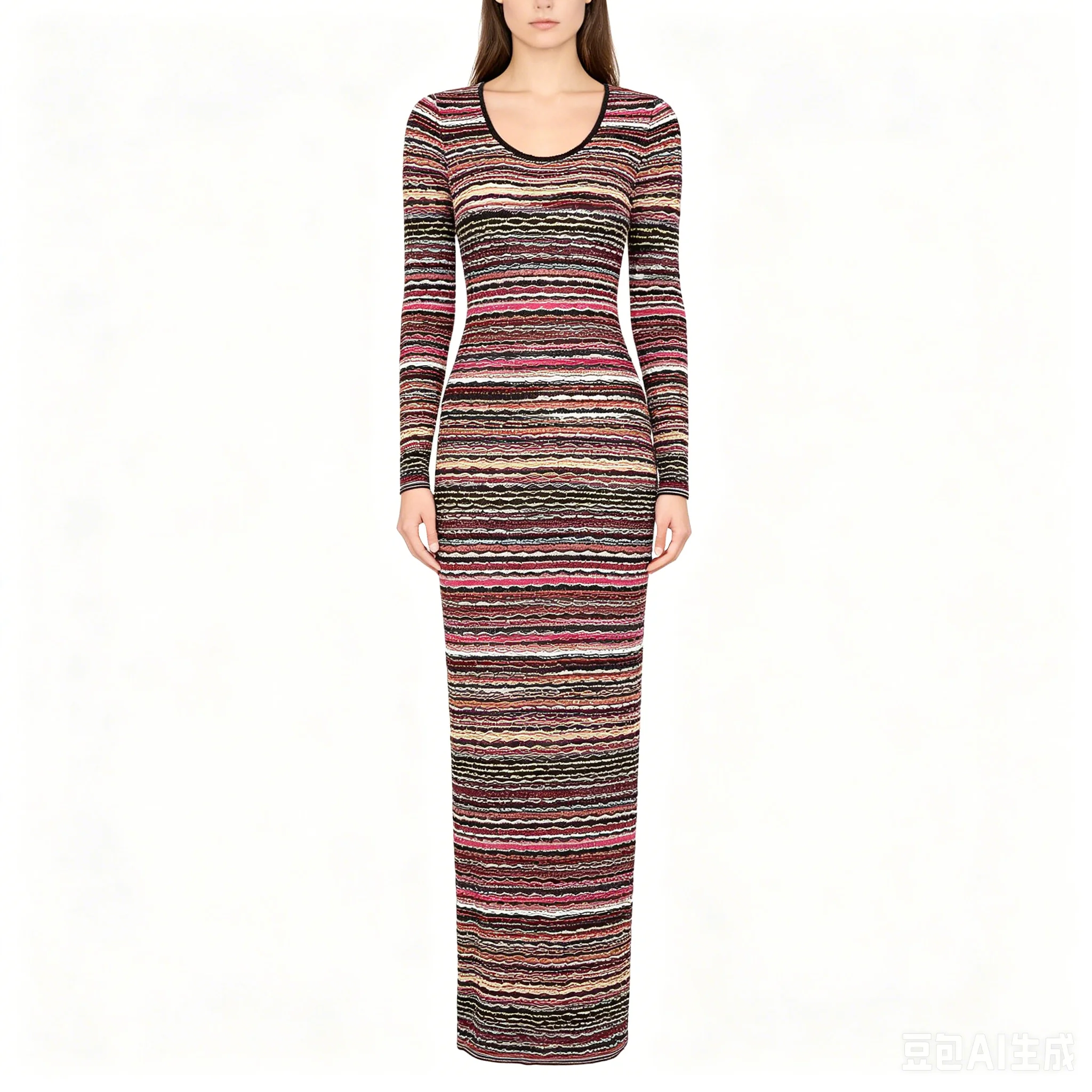Two Color High-quality New Fashionable Long Sleeved Striped Round Neck Slim Fit Long Stretch Knitted Women's Dress