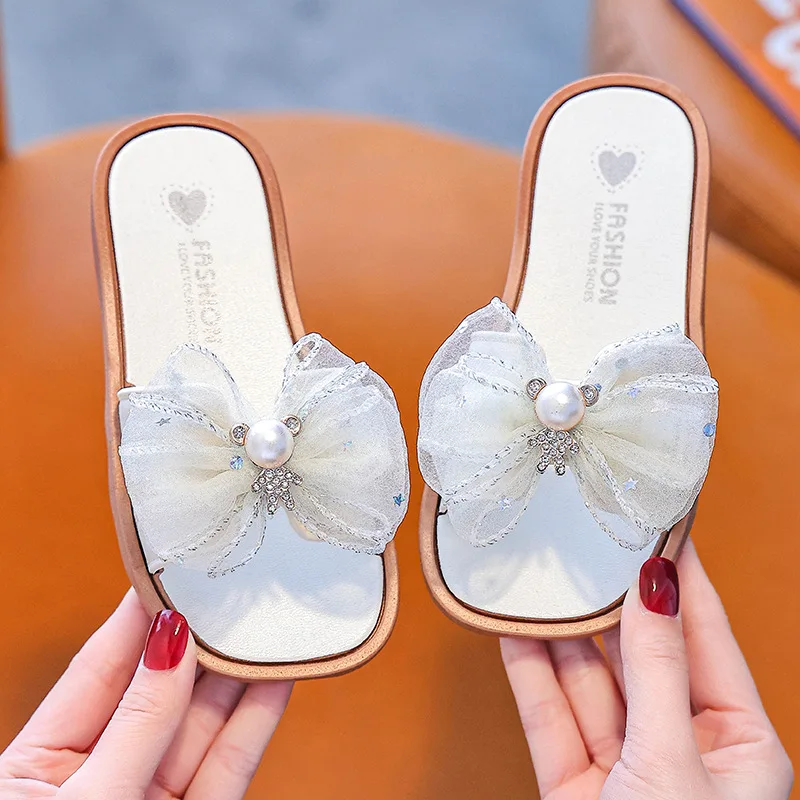 

Children Girls Slippers with Pearl Bow Slippers Summer New Style Kids Non-slip Indoor Outdoor Princess Soft Sole Beach Sandals