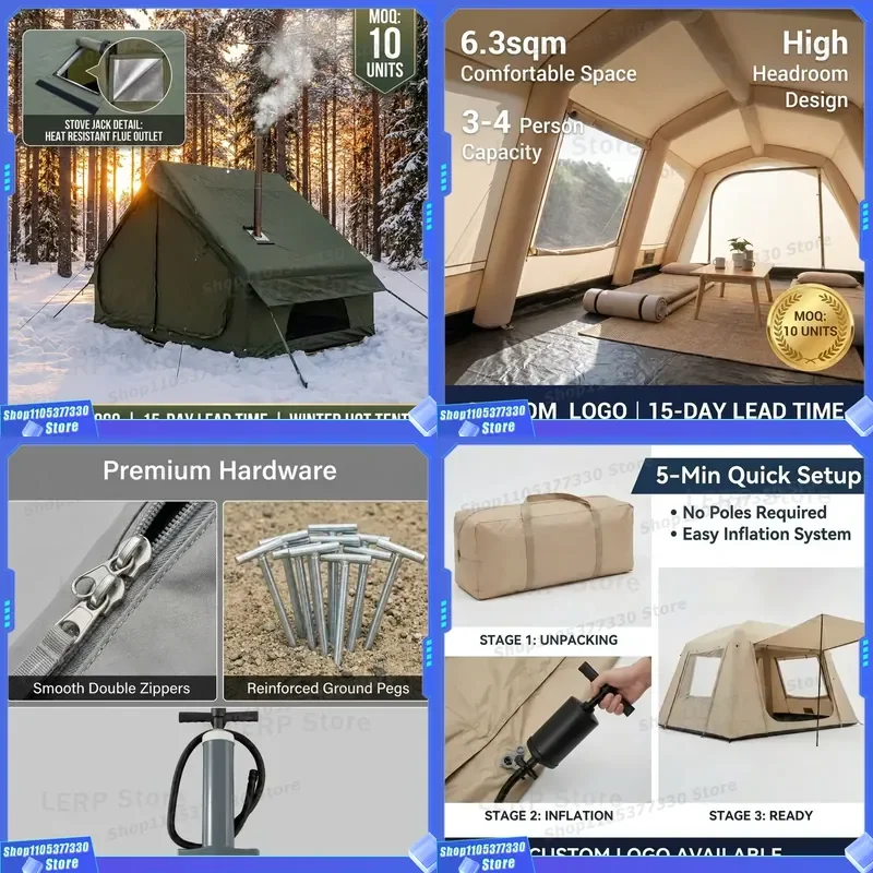 4 Season Inflatable Tent 6.3sqm with Chimney Port Heavy Duty Oxford Cloth Hot Tent Air Beam House for Winter Wood Stove
