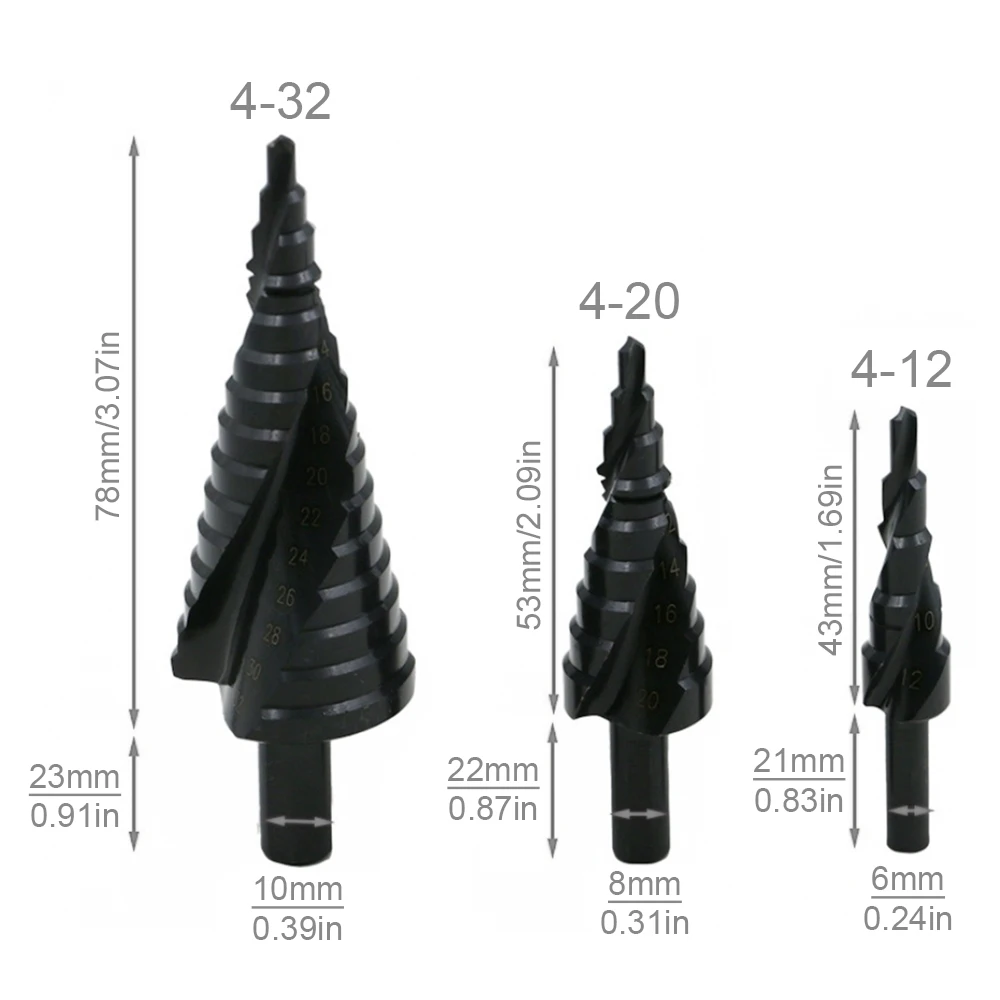 Broca de Passo de Cobalto HSS, Espiral de Aço de Alta Velocidade, Nitrogênio, Cone de Metal, Haste Triangular, Buraco, 4mm a 32 mm, 3 Peças por Conjunto