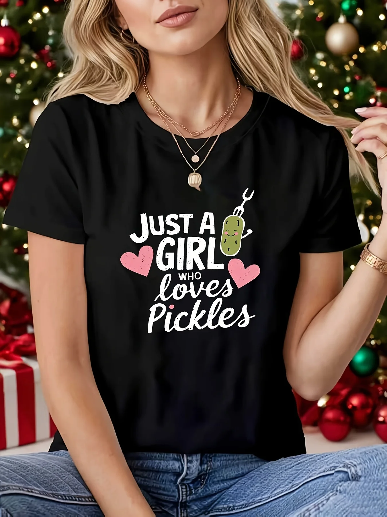 Womens Just A Who Loves Pickles TShirt Pickle Print RoundNeck Short Sleeve Top with Forked Dill Heart Design Casual Layering Tee