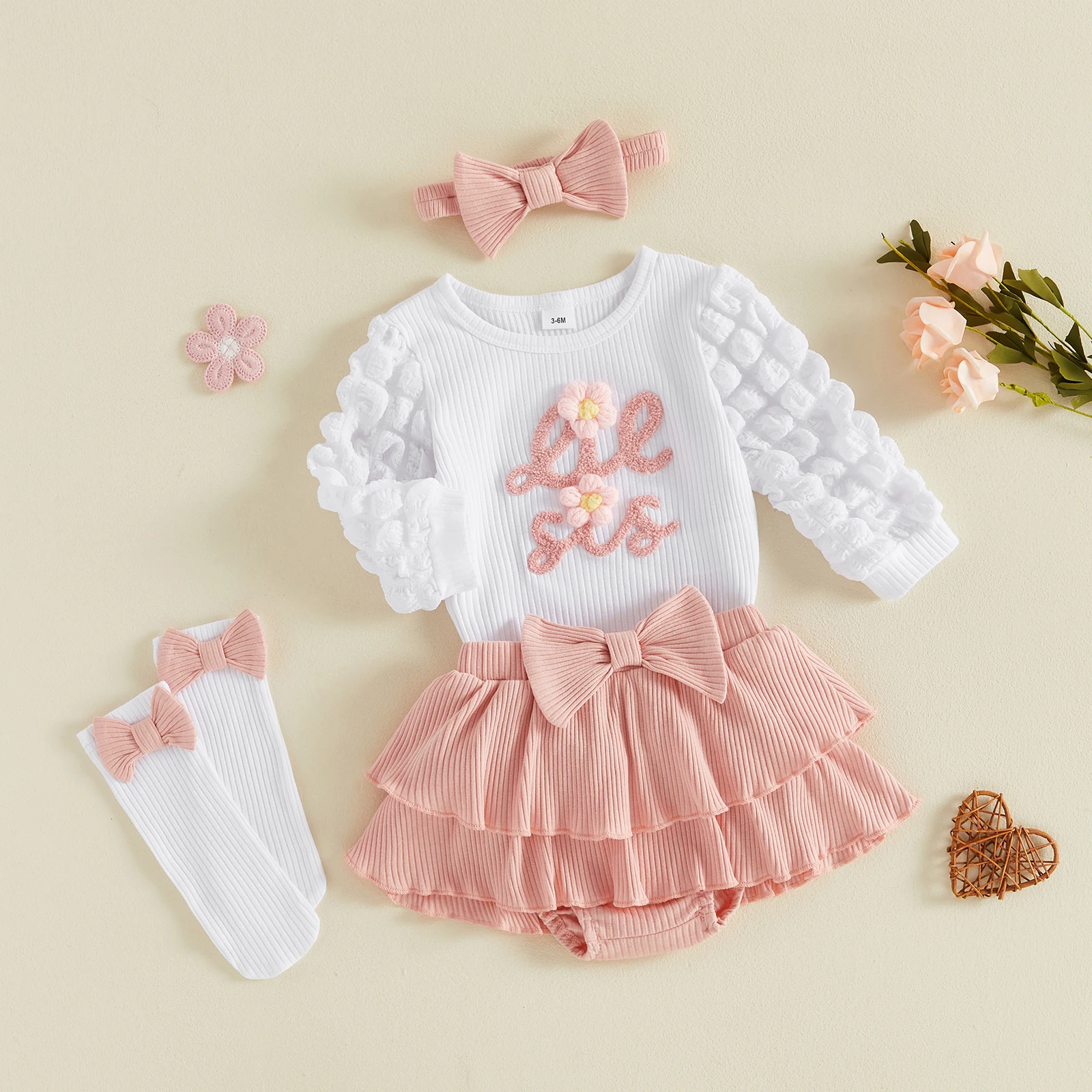 Baby Girl Fall Outfit Letter Flower Embroidery Romper Skorts Headband Socks