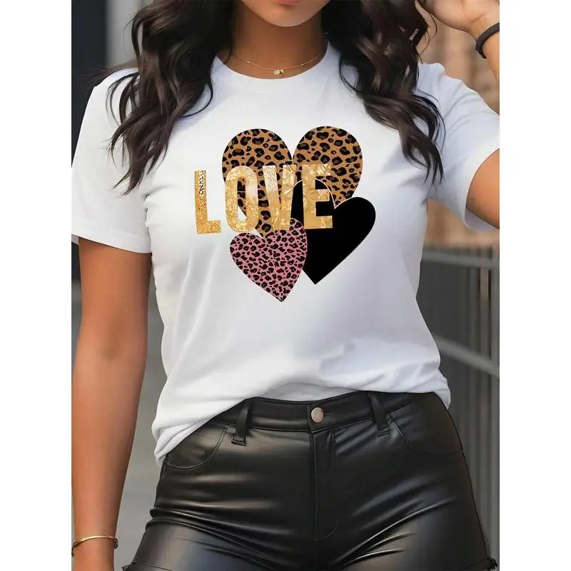 

LOVE Heart Print T-Shirt Leopard Graphic Tee Slim Fit Casual Top for Women, Valentine’s Day Outfit or Gift Idea S-3XL