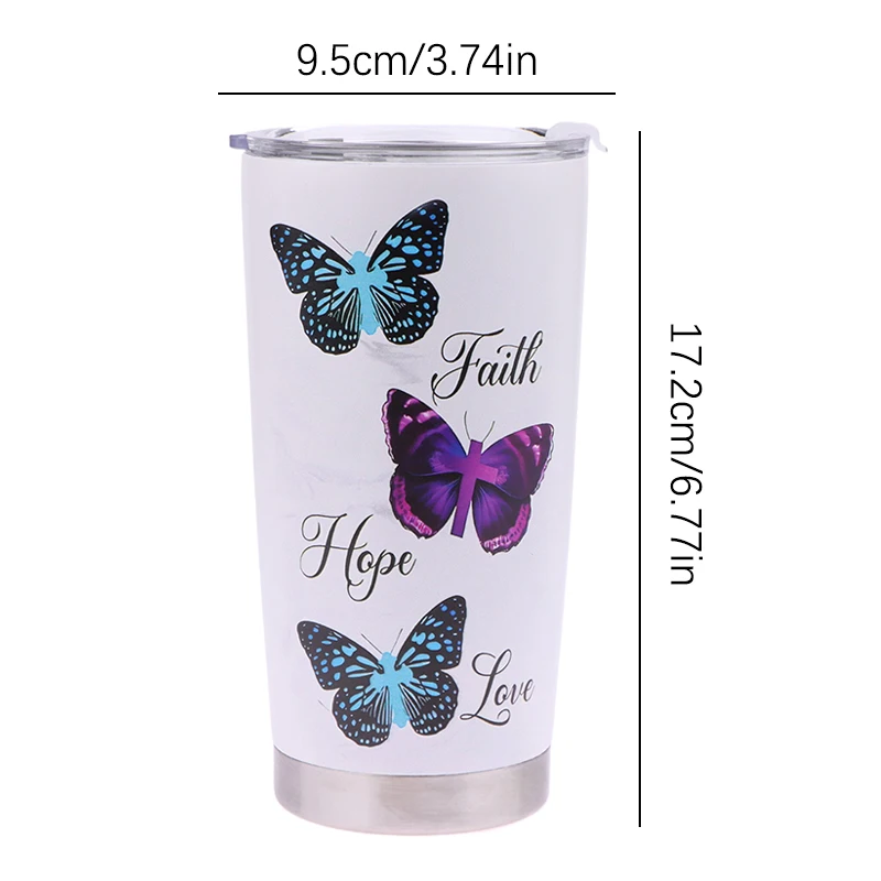 1pc 20oz Butterfly Tumbler Cup With Lid Stainless Steel Double Wall Vacuum Thermos Insulated Travel Coffee Mug