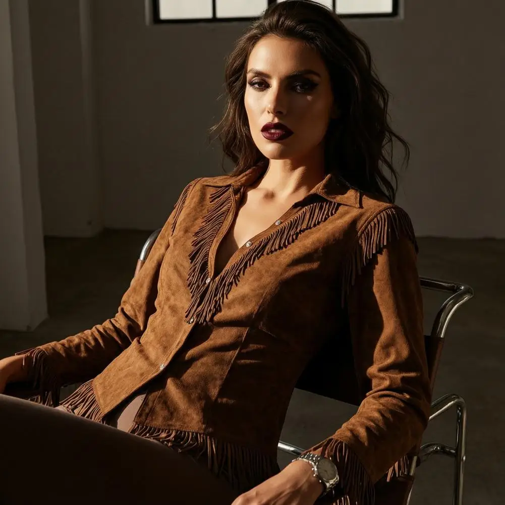 Women Shirt Breathable Polyester Shirts Women Tassel Shirt Autumn Blouse Button Down Slim Fit Fringe Top Solid Color Long Sleeve