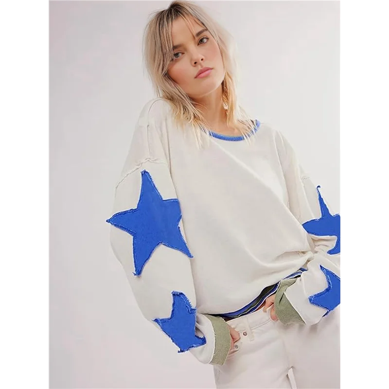 ASDS-Women Oversized Cotton Long Sleeve Shirts Tops Star Crewneck Pullover Y2K Fall Winter Grunge Clothes