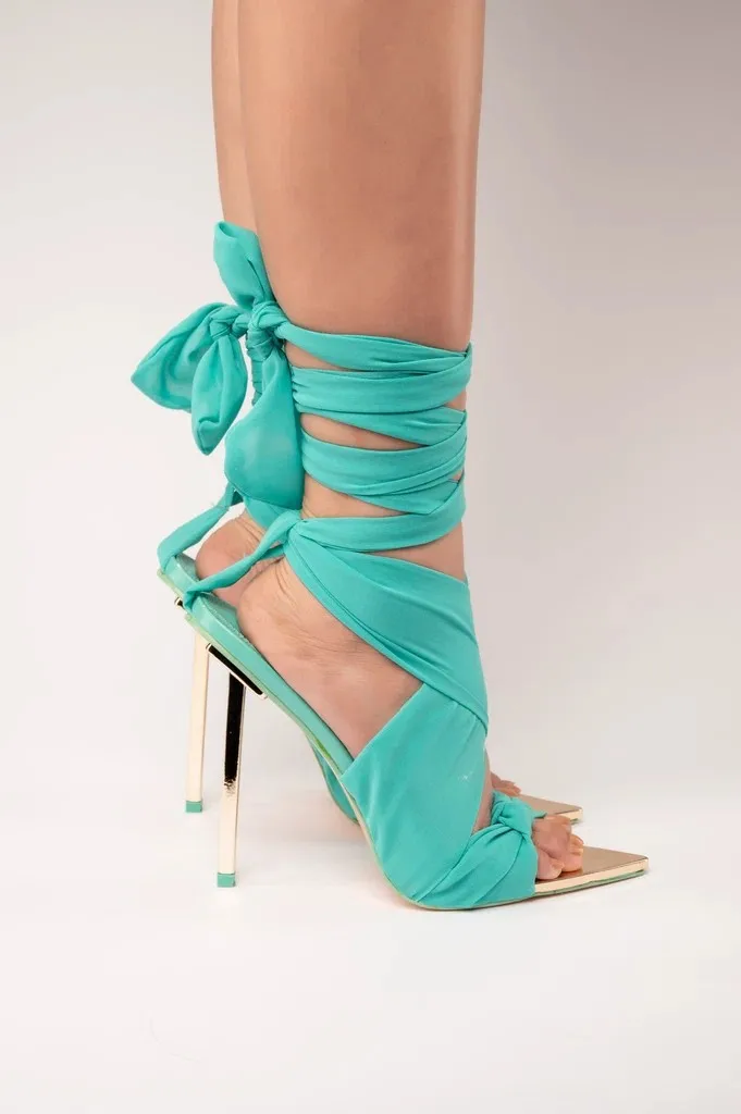Women Pointed Toe Chiffon Tie-Up High Heel Sandals Bow Knot Ankle Wrapped Strap Metal Thin Stiletto Heel Evening Party Shoes