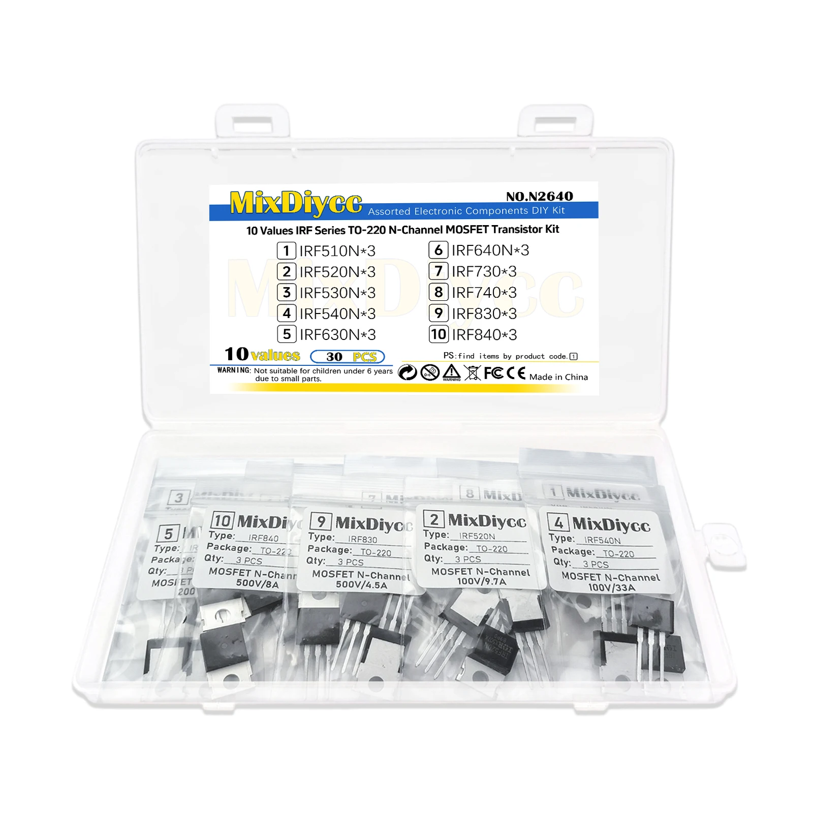 10 Values IRF MOSFET Kit TO-220 IRF510N IRF520N IRF530N IRF540N IRF630N IRF640N IRF730 IRF740 IRF830 IRF840 Total 30 pcs