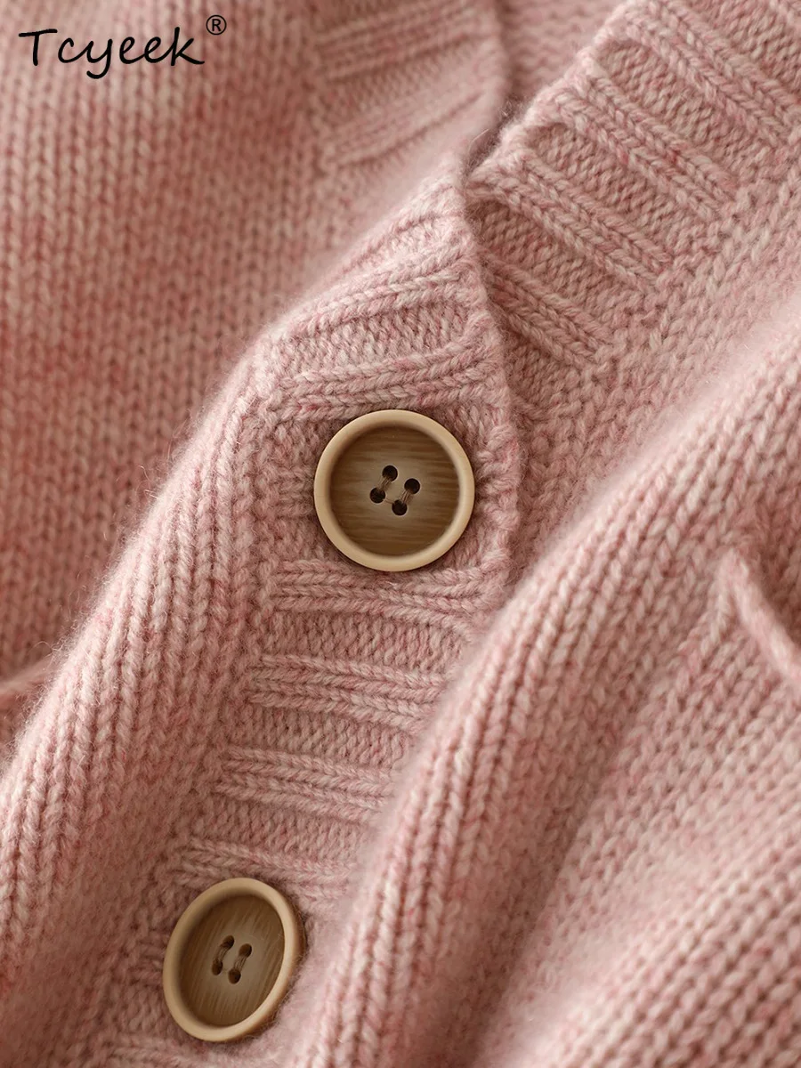 Tcyeek, 4G 100% Pure Cashmere Cardigans,ผู้หญิงVคอเย็บปักถักร้อย,Elegantหวานถักเสื้อกันหนาว,2024 ฤดูใบไม้ร่วงฤดูหนาวT48938QC