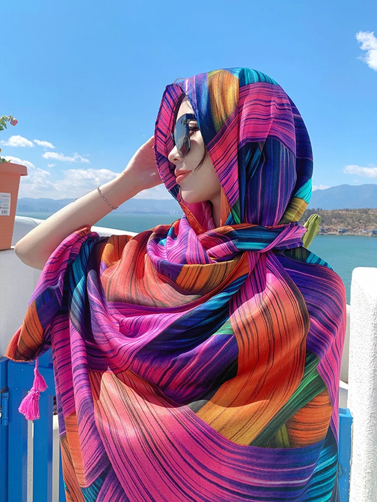 New Summer Elegant Women Silk Scarf Beach Wrap Shawls Chic Sweet Print Lady Sunscreen Bandana Long Hijab Mujer Boho Scarve Pareo