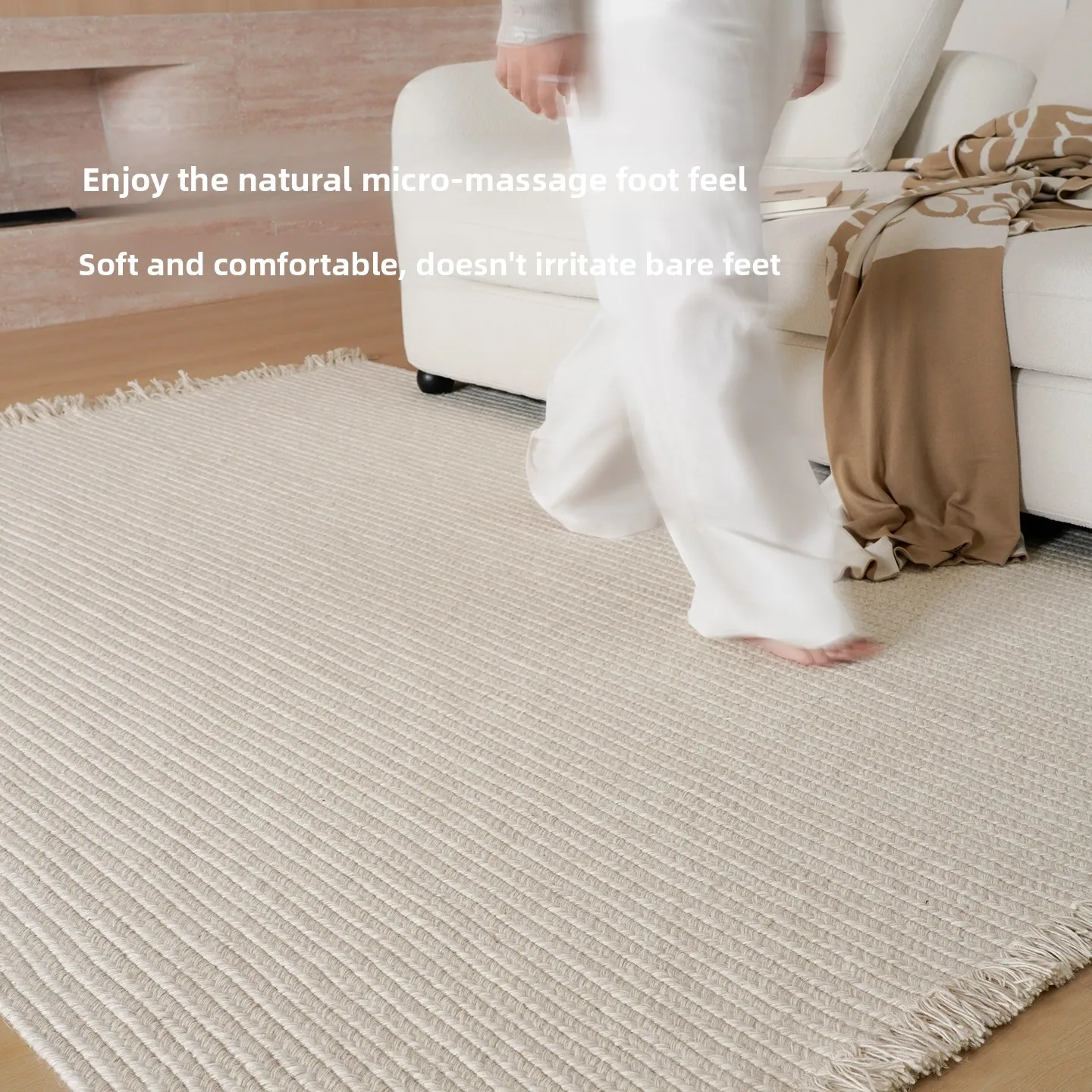Wool woven carpet Nordic cream style study bedroom coffee table floor mat living room fringed bedside glue-free carpet