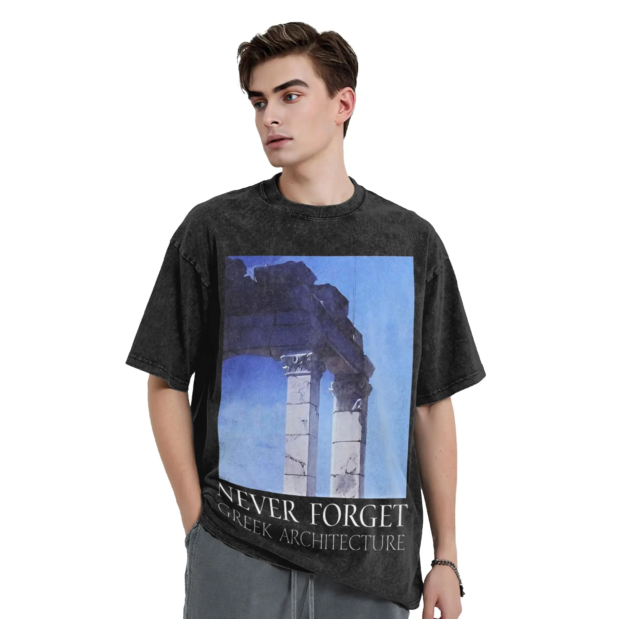 Never Forget Greek Architecture T Shirt Hip Hop Washed Harajuku T-Shirts  Novelty Men Women Tops Streetwear Summer Tees