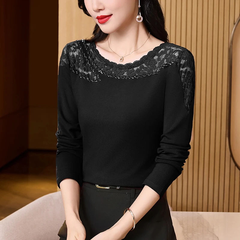 2025 الخريف الشتاء قاع قميص الكورية موضة المرقعة بلوزات من الدانتيل سليم كم طويل المرأة تي شيرت Blusa #2