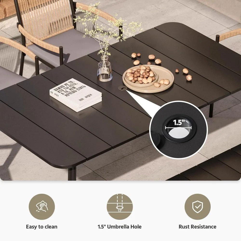 Ensemble de salle à manger d'extérieur 6 pièces, ensemble table à manger et chaises d'extérieur en rotin avec table en métal et trou pour parasol, mobilier de patio