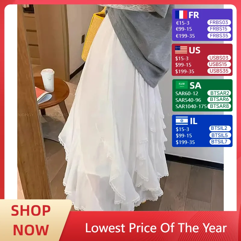 

Белая асимметричная кружевная юбка с рюшами, летняя легкая лоскутная юбка с высокой талией и сердечком, пляжная многоярусная юбка трапециевидной формы в стиле преппи