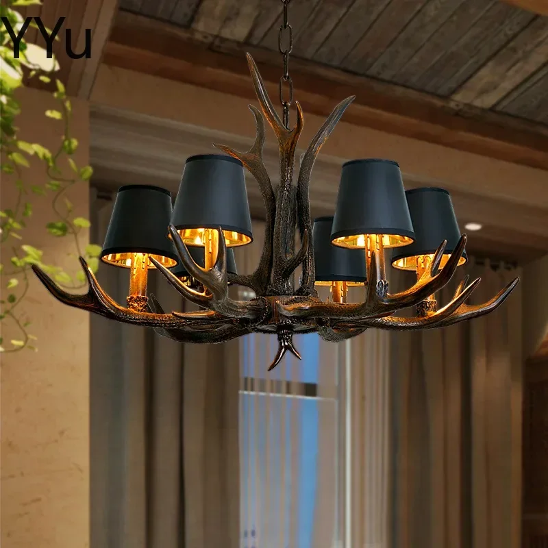 Retro Antlers LED Chandelier Table Dining Living Room Kitchen Black Fabric Decor Pendant Lamp Rustic Interior Lighting Fixture