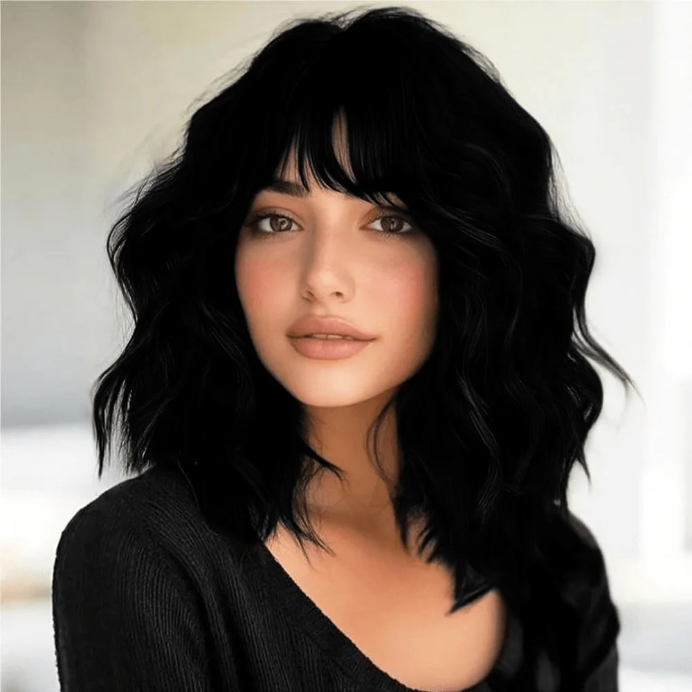

Short Bob Wig with Bangs for Women Black Wigs Synthetic Curly Wavy Hair Wigs Natural Looking Heat Resistant Fiber Hair for Women