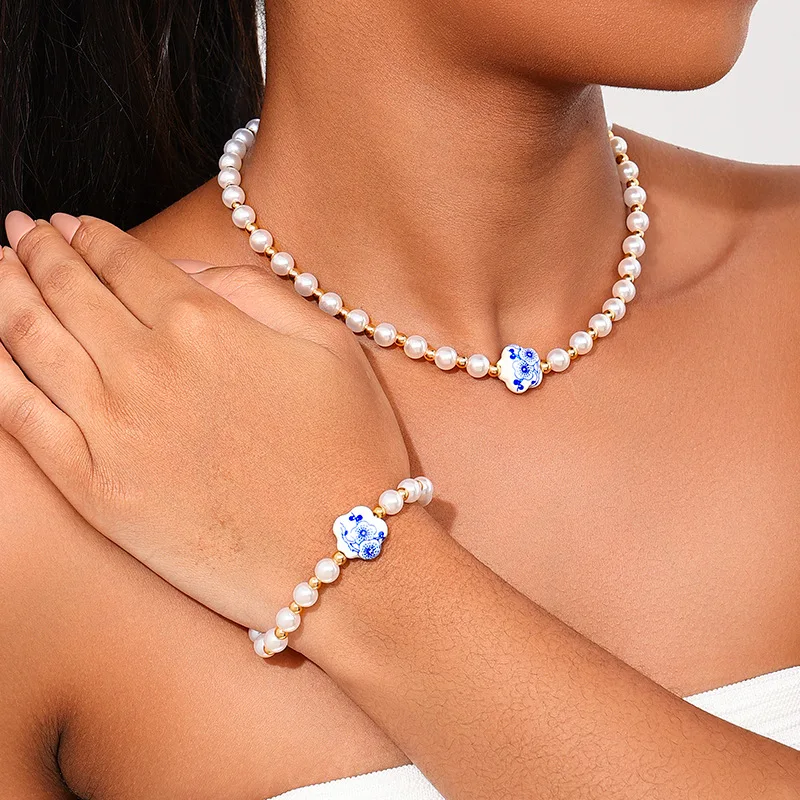 2PCS Elegant Blue and White Ceramic Pattern Star Imitation Pearl Bead Women's Bracelet Necklace Jewelry Set