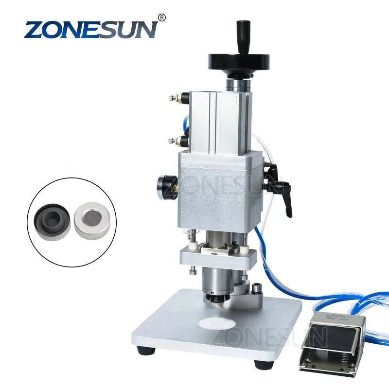 ZONESUN Semi-automatic Pneumatic Liquid Small Glass Bottle Capper Aluminum Metal Plastic Vial Crimper Capping Machine