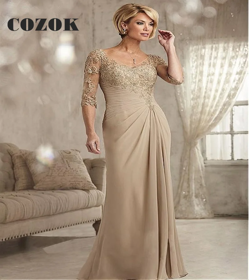 

Beaded Lace Champagne Elegant Mother Of The Bride Dress 2023 Classic Chiffon Half Sleeves Prom Dress Mother Evening Dress SX74