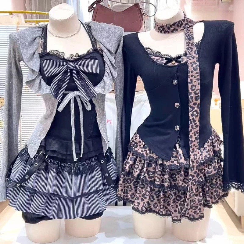 

Aesthetic Y2k Long Sleeve 2-piece Set Women Chic Fake Two Piece Tops + Elastic Waist Ruffle Skirt Suit New Autumn Winter Clothes